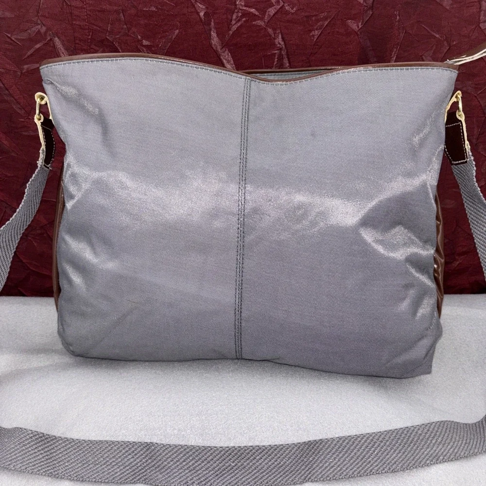 Vintage 1980s Sasson Large Capacity Travel Bag Gray Nylon Brown‎ Leather Piping